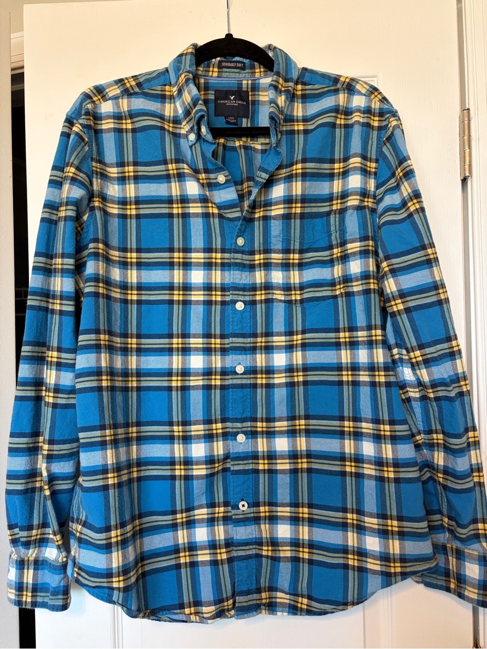 American Eagle Mens Seriously Soft Flannel Plaid Button-Down Shirt Blue L